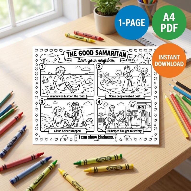 Good Samaritan Bible Story Printable for Kids | Luke 10 Activity Sheet ...