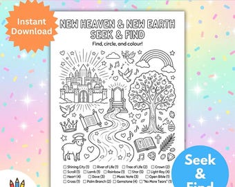 New Heaven & New Earth SEEK AND FIND Printable | Revelation 21:4 Bible Activity Sheet for Kids | Christian Homeschool Sunday School