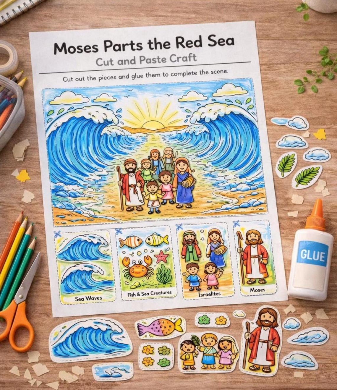 Moses Red Sea Cut and Paste Craft, Bible Coloring Activity for Kids ...
