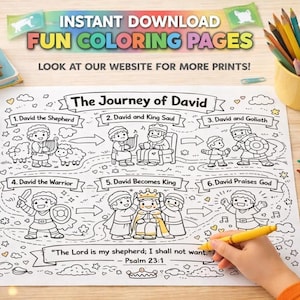 May include: A black and white colouring page titled "The Journey of David" with illustrations of biblical scenes. The page includes text and is being coloured with a yellow pen. Colouring pencils and a wooden pencil holder are also visible.