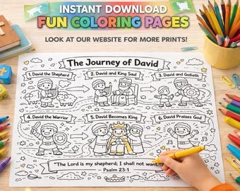 Journey of David Coloring Page Printable, Bible Story Activity for Kids, Psalm 23 Christian Worksheet, A4 Landscape PDF