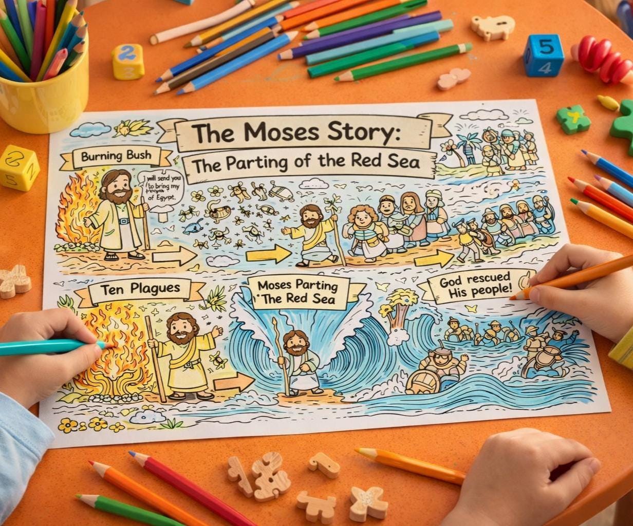 Moses Story Coloring Page Printable, Burning Bush and Parting of the ...