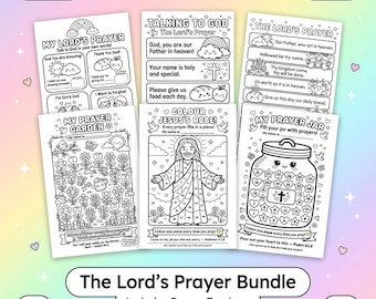 Può includere: Un set di sei pagine di attività stampabili con disegni al tratto in bianco e nero da colorare. Le pagine includono My Lord's Prayer, Talking to God, The Lord's Prayer, My Prayer Garden, Colour Jesus's Robe e My Prayer Jar con forme numerate.