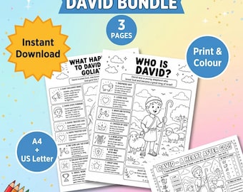 David Bible Activities Bundle for Kids (3 Pages) | Who Is David + David & Goliath + Heart After God | Christian Printable Worksheet