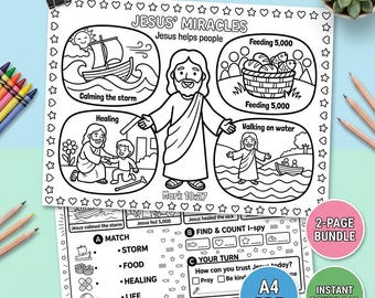 Jesus’ Miracles Printable Bundle | Bible Coloring Page + Fun Activity Sheet | Sunday School Worksheet | Christian Kids Printable | A4 PDF