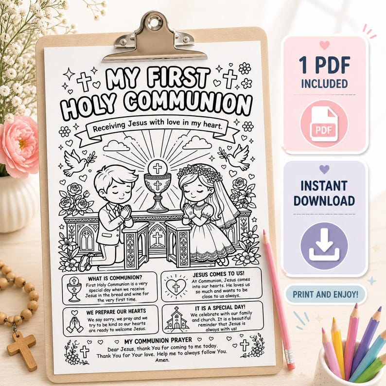 First Holy Communion Coloring Page for Kids | Christian Printable ...