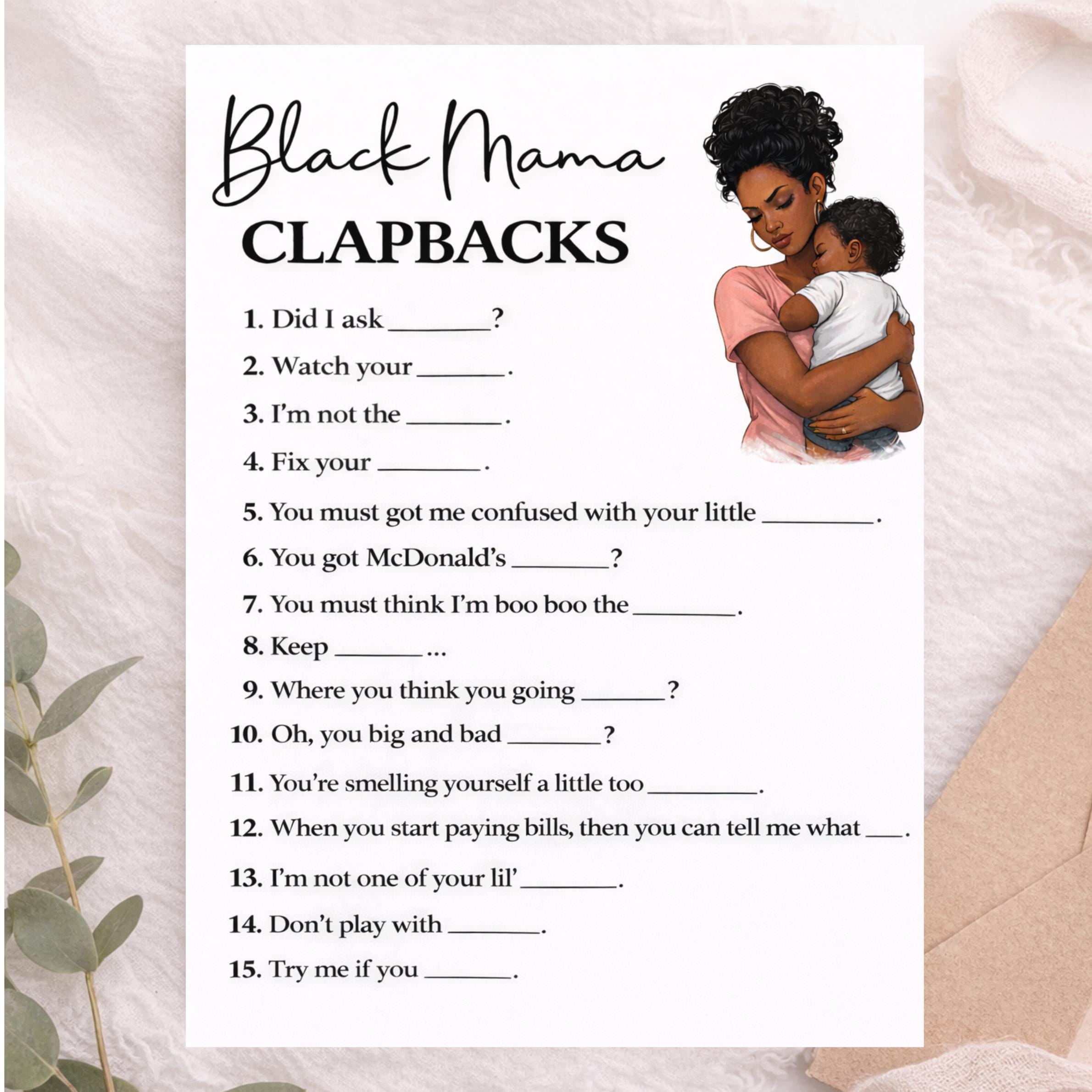 Black Mama Clapbacks Game, Black Baby Shower Game + ANSWER SHEET ...