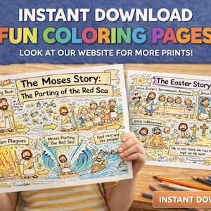 May include: Two coloring pages with biblical scenes are held up. One depicts the parting of the Red Sea, and the other shows the Easter story. The text "INSTANT DOWNLOAD FUN COLORING PAGES" is at the top, with a call to action to visit the website.
