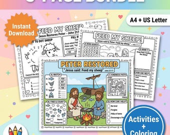 Peter Restored Bible Activity Bundle Printable, Feed My Sheep Coloring Page, John 21:17 Kids Worksheet, Christian Activity Sheet, A4 PDF