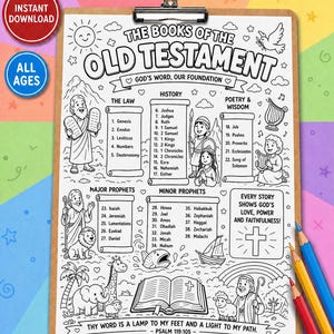May include: A black and white line art coloring page of the Old Testament books, held by a clipboard with a metal clip. The page includes illustrations of biblical figures, animals, and text. The words "Instant Download" and "All Ages" are in the upper left corner.