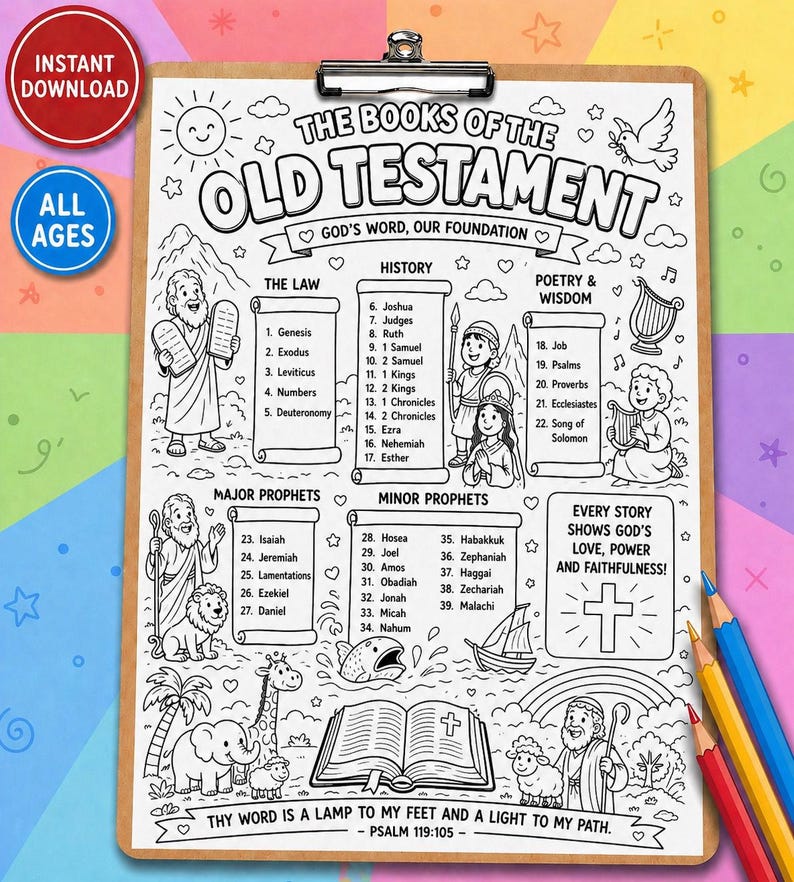 May include: A black and white line art coloring page of the Old Testament books, held by a clipboard with a metal clip. The page includes illustrations of biblical figures, animals, and text. The words "Instant Download" and "All Ages" are in the upper left corner.