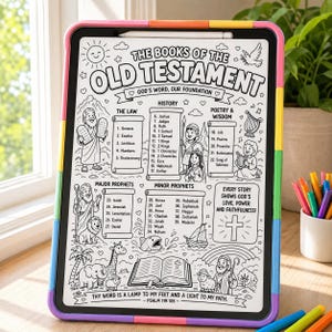 May include: A colorful children's drawing tablet with a black and white illustration of the Old Testament. The tablet's border is multi-colored. The illustration includes text, drawings of people, animals, and religious symbols.