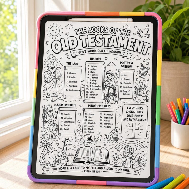 May include: A colorful children's drawing tablet with a black and white illustration of the Old Testament. The tablet's border is multi-colored. The illustration includes text, drawings of people, animals, and religious symbols.