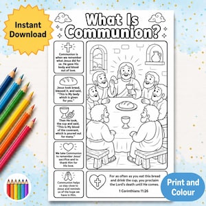 May include: A black and white line drawing of a religious scene with the text "What Is Communion?" and illustrations of Jesus and his disciples. Includes text explaining the meaning of communion. A set of colored pencils is in the corner.
