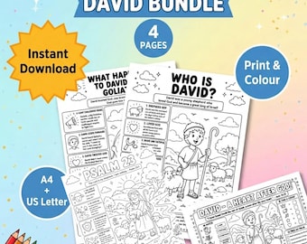 David Bible Activities Bundle for Kids (4 Pages) | David & Goliath + Who Is David + Heart After God + Psalm 23 | Christian Printables