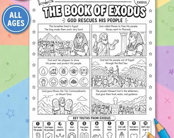May include: Black and white colouring page titled "The Book of Exodus" with illustrations depicting biblical stories. Includes text and key truths from Exodus, suitable for all ages. Features a red "Instant Download" circle.