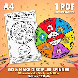May include: A colorful, printable "Go & Make Disciples" spinner with a wheel divided into sections like "My Home" and "My School." Includes instructions, a cut-out arrow, and the text "Matthew 28:19-20." Also includes crayons, scissors, and brass fasteners.