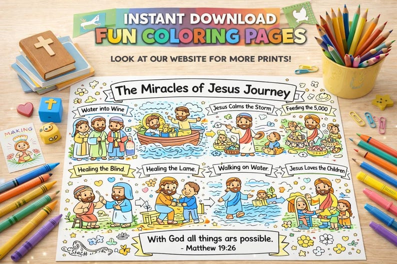 Jesus Miracles Coloring Page Printable, Bible Story Activity for Kids ...