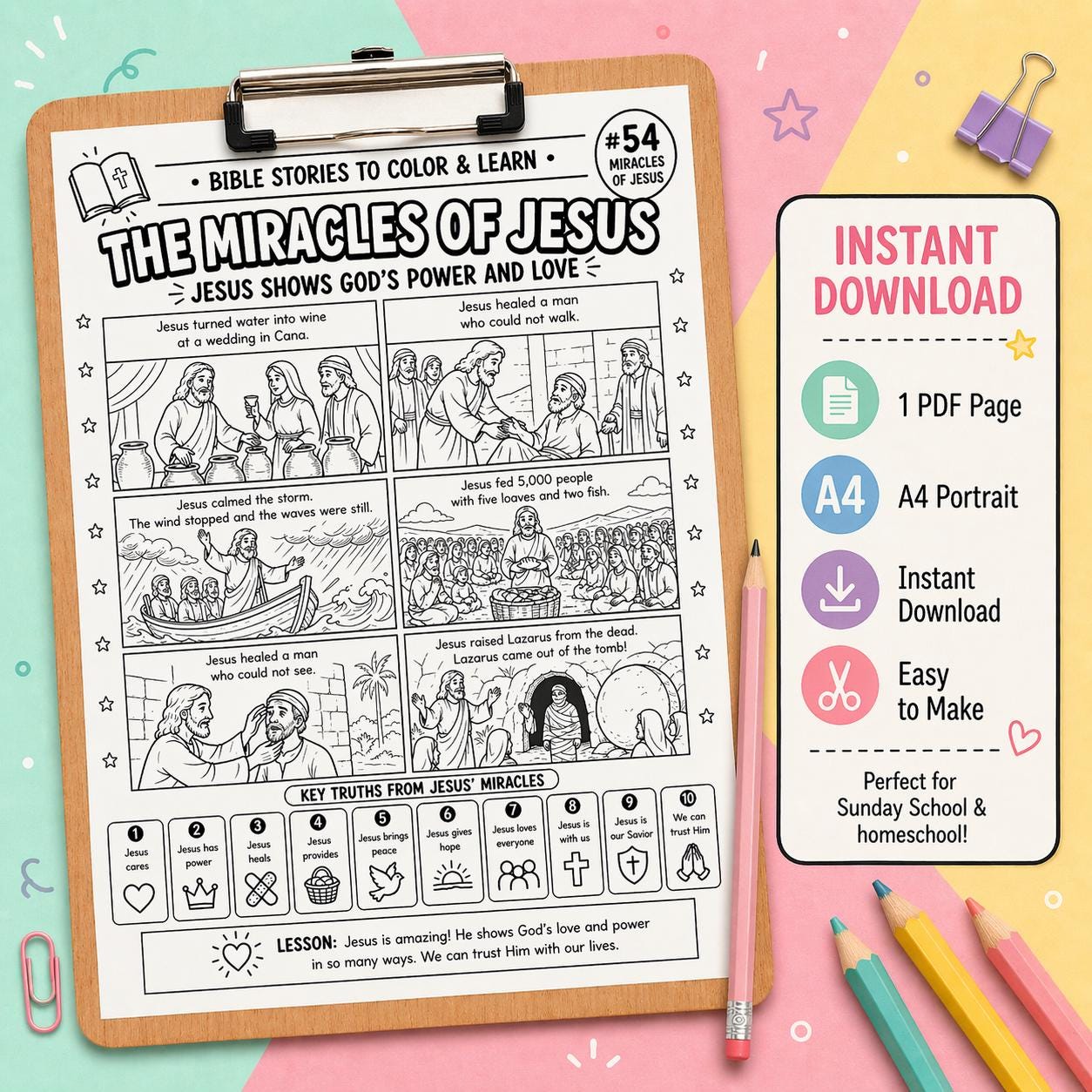 Miracles of Jesus Coloring Page Printable | Bible Story Activity Sheet ...