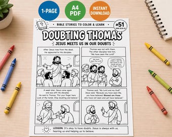 Doubting Thomas Bible Coloring Page for Kids | John 20 Activity Sheet | Sunday School Printable | Faith Lesson | Christian Kids Craft