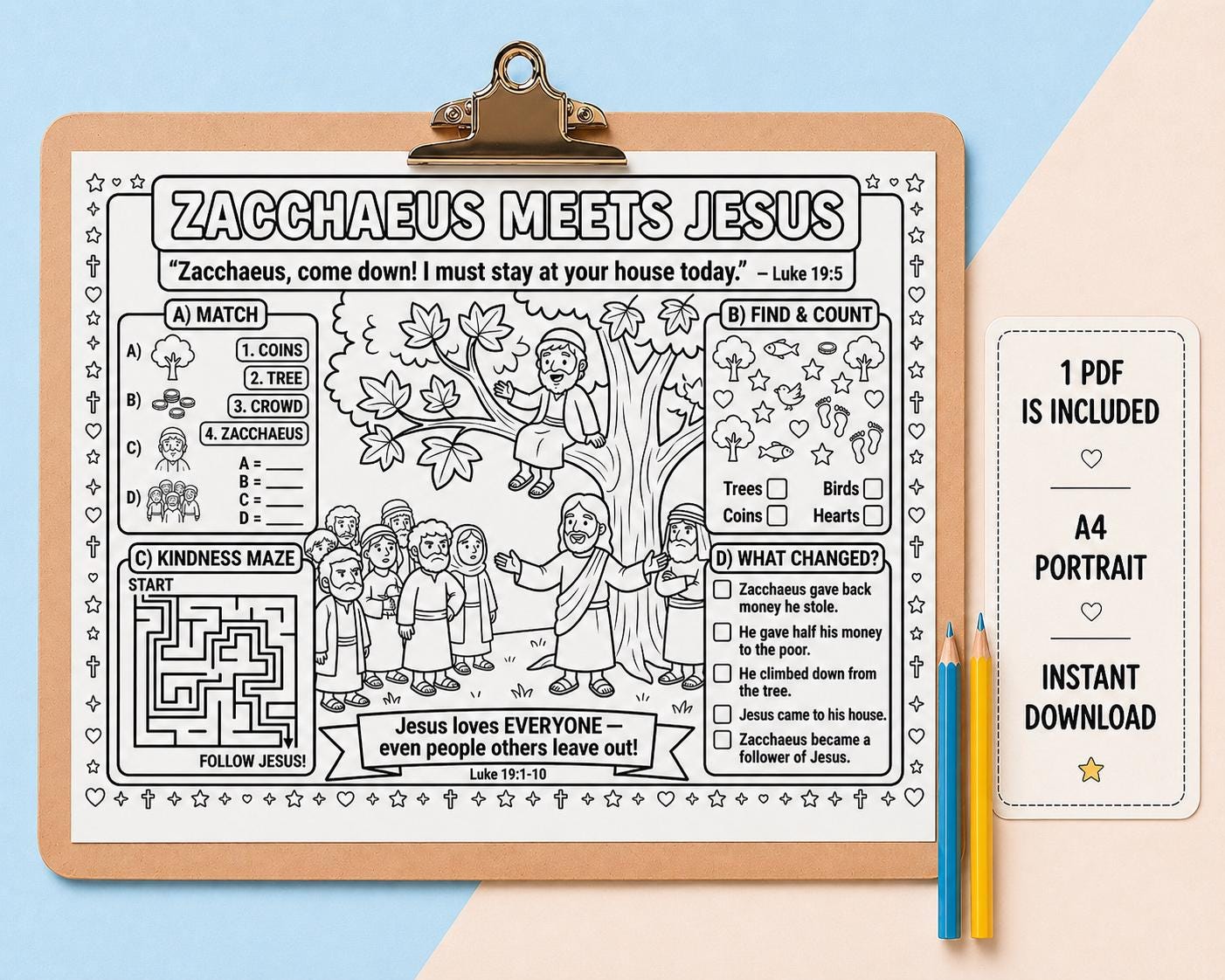 Zacchaeus Meets Jesus Activity Page | Bible Story Printable for Kids ...