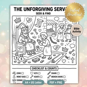 Könnte beinhalten: Ein schwarz-weißes Suchbild-Aktivitätsblatt mit dem Titel THE UNFORGIVING SERVANT. Die Illustration zeigt einen König auf einem Thron, eine kniende Person und verschiedene Gegenstände wie Münzen, Schlüssel, Kronen und Herzen. Eine Checkliste am unteren Rand enthält Symbole für Münzen, Geldsäcke, Kronen, Schlüssel, Herzen, Sterne, Ketten, zerbrochene Ketten und Sprechblasen.