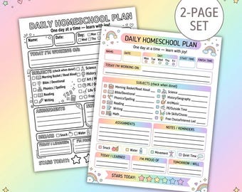 Daily Homeschool Planner Printable | Daily Homeschool Plan Sheet | Homeschool Schedule + Checklist | Rainbow Pastel + Black & White