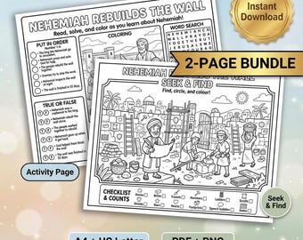 Nehemiah Rebuilds the Wall 2-Page Bundle Printable | Activity Page + Seek & Find | Bible Lesson for Kids