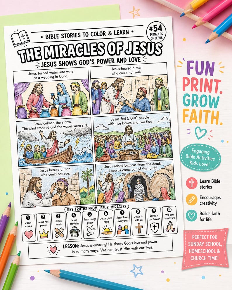 Miracles of Jesus Coloring Page Printable | Bible Story Activity Sheet ...