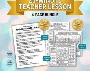 Nehemiah Rebuilds the Wall 25-Minute Lesson Bundle | Teacher Guide + 3 Kids Activities | 4-Page Sunday School Printable