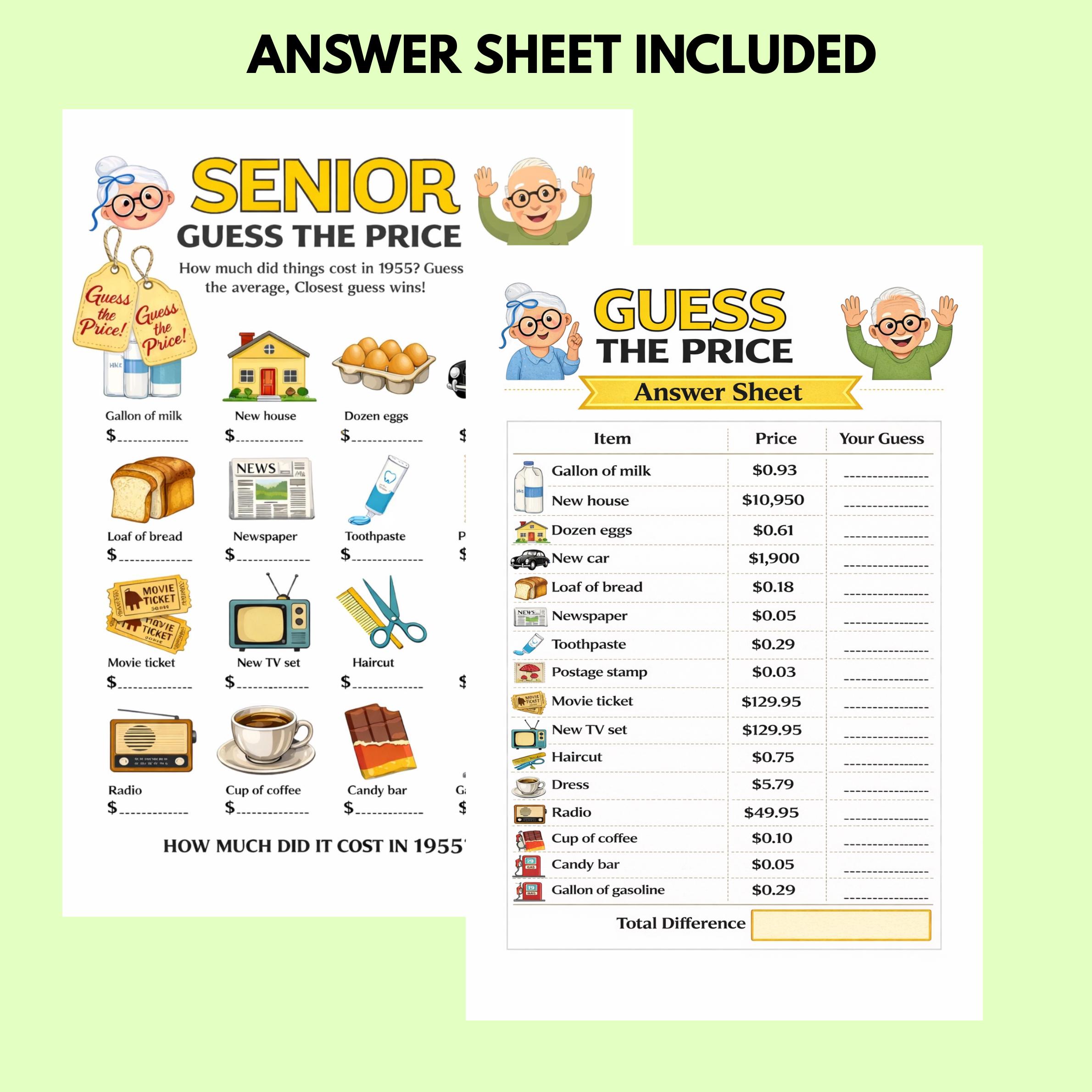 Price Trivia Senior Guess the Price Game, 1955 Price Trivia, Printable Senior Party ...