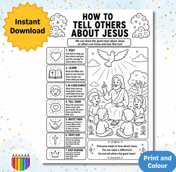 How to Tell Others About Jesus Printable | Christian Coloring Page for Kids | Bible Lesson Activity | Sunday School Printable | Evangelism f