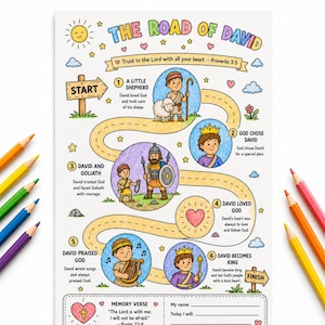 May include: A colorful educational activity sheet titled The Road of David, featuring a winding path with six illustrated scenes depicting the life of David, including a shepherd, Goliath, and a king, with text, stars, clouds, and a memory verse section.