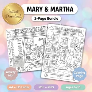 May include: A two-page printable bundle featuring a Mary and Martha activity mat and coloring page. The black and white sheets include illustrations of biblical figures, word search puzzles, matching games, and scripture text from Luke 10:38-42.