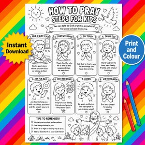 Peut inclure: Page à colorier imprimable en noir et blanc intitulée "How to Pray Steps for Kids". La page présente des étapes illustrées avec des enfants, une colombe et du texte. Comprend un soleil, des cœurs et des crayons. "Téléchargement instantané" est également visible.