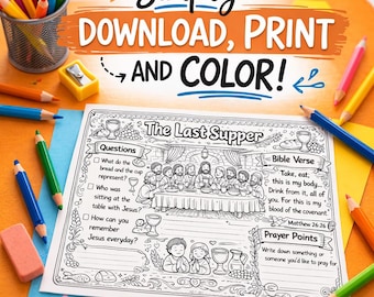 Holy Week , The Last Supper Coloring Page for Kids, Christian Easter Activity Sheet, Bible Verse Printable, Sunday School Worksheet