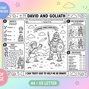 Página para colorear con la historia bíblica de David y Goliat para niños, actividad para la escuela dominical cristiana, hoja de trabajo para lecciones bíblicas, material imprimible para la educación en el hogar.