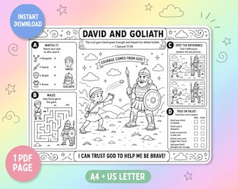 David and Goliath Bible Story Activity Coloring Page for Kids, Christian Sunday School Activity, Bible Lesson Worksheet, Homeschool Prints