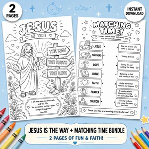 May include: A black and white coloring book bundle with two pages. One page features an illustration of Jesus with a signpost. The other page is a matching game. The bundle is titled "Jesus is the Way + Matching Time Bundle".