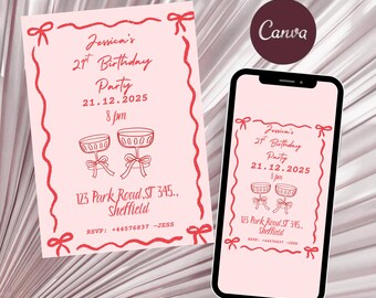 21st Birthday Invitation Template: Pink Coquette Bow Party Invite (Editable Canva Template)