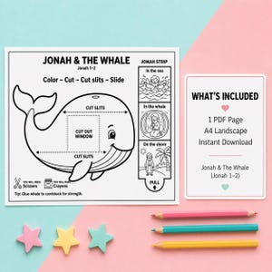 May include: A black and white printable activity sheet titled "Jonah & The Whale" with instructions to color, cut, and slide. Includes a "Jonah Strip" with illustrations and a "What's Included" section. Colored pencils and star-shaped decorations are also visible.