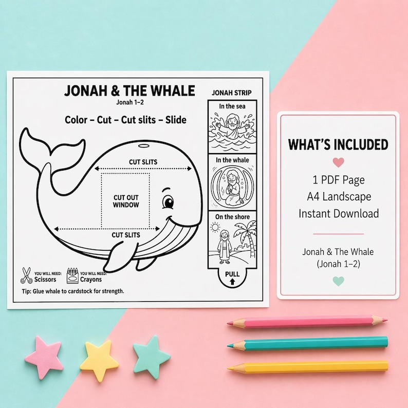 May include: A black and white printable activity sheet titled "Jonah & The Whale" with instructions to color, cut, and slide. Includes a "Jonah Strip" with illustrations and a "What's Included" section. Colored pencils and star-shaped decorations are also visible.