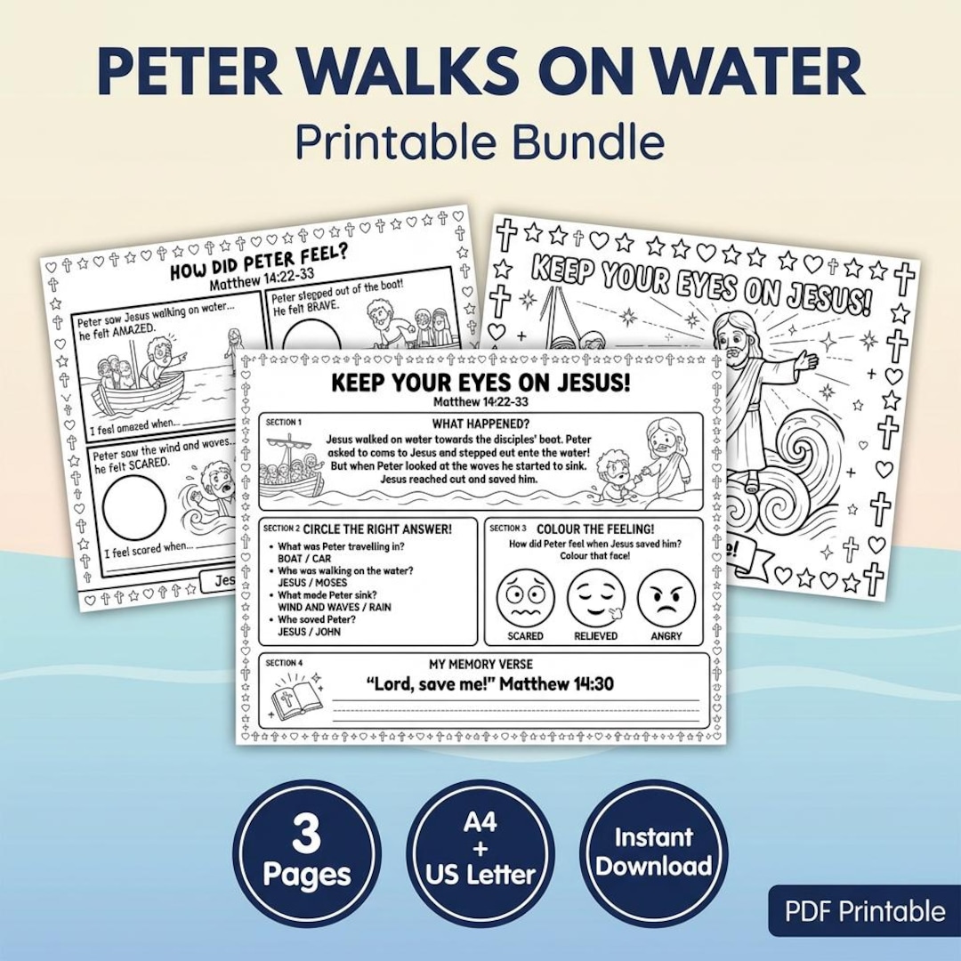 Matthew Rees Worksheet Peter Walks on Water Printable Bundle | Bible Activity Pack for Kids ...