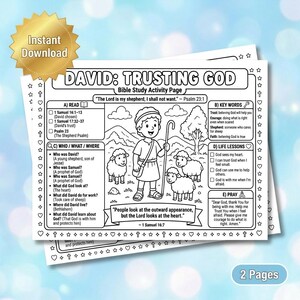 May include: A black and white Bible study activity page titled David: Trusting God. The sheet features a central illustration of a shepherd with sheep, surrounded by sections for reading, key words, questions, life lessons, and a prayer.