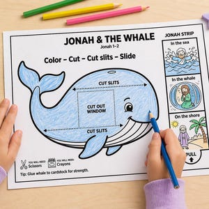 May include: A coloring page titled "Jonah & The Whale" with instructions to color, cut, and slide. The page features a blue whale outline, a "Jonah Strip" with illustrations, and a glue stick. A hand is coloring the whale with a blue pencil.