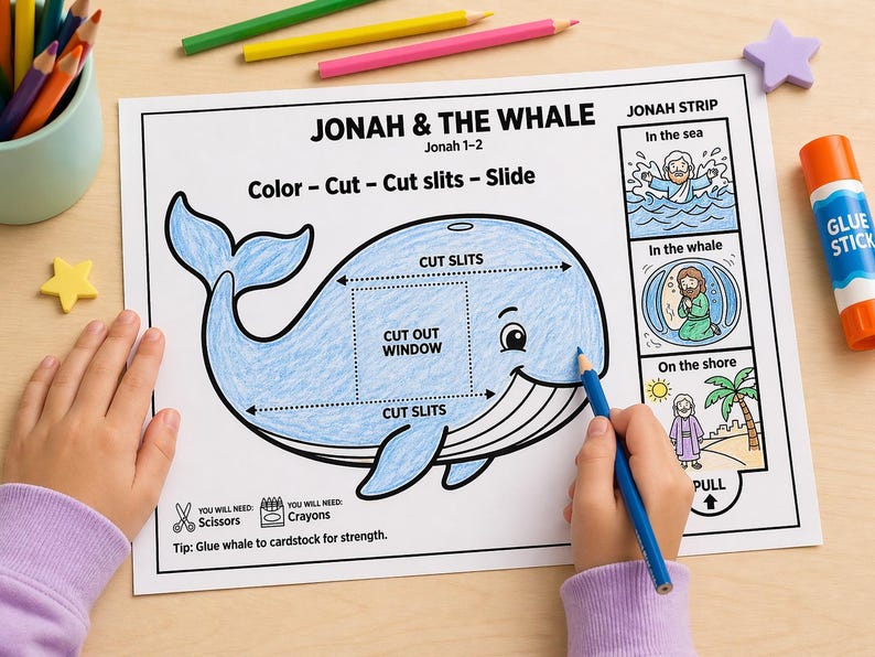May include: A coloring page titled "Jonah & The Whale" with instructions to color, cut, and slide. The page features a blue whale outline, a "Jonah Strip" with illustrations, and a glue stick. A hand is coloring the whale with a blue pencil.