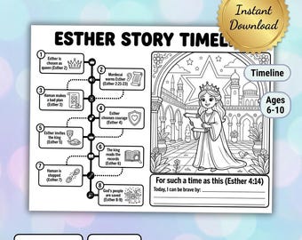Esther Story Road Timeline Printable | Bible Story Coloring Page + 8-Step Timeline | For Such a Time as This