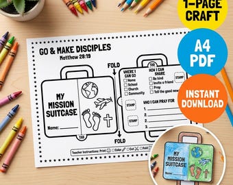 May include: A black and white printable craft sheet with the text "GO & MAKE DISCIPLES Matthew 28:19". The sheet includes a suitcase design with prompts for coloring and reflection. Colored pencils and crayons are scattered around the sheet.