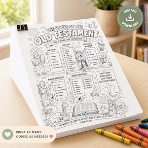 May include: A stack of white coloring pages titled "THE BOOKS OF THE OLD TESTAMENT" with illustrations and text. The pages include Bible verses, drawings of people, animals, and objects. Crayons are visible in the foreground. The text reads "PRINT AS MANY COPIES AS NEEDED!"
