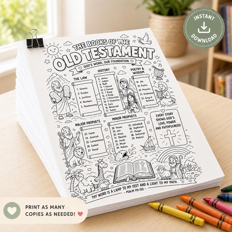 May include: A stack of white coloring pages titled "THE BOOKS OF THE OLD TESTAMENT" with illustrations and text. The pages include Bible verses, drawings of people, animals, and objects. Crayons are visible in the foreground. The text reads "PRINT AS MANY COPIES AS NEEDED!"